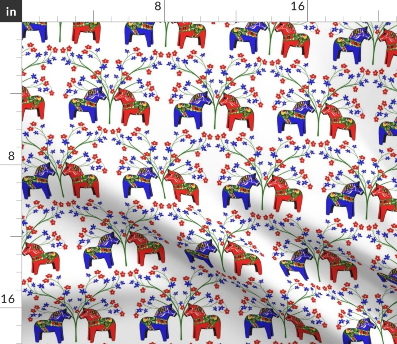Floral Swedish Dala Horses Flowers Horse Folk Art Custom Printed Fabric by Spoonflower Various Fabrics by the Yard or Fat Quarter